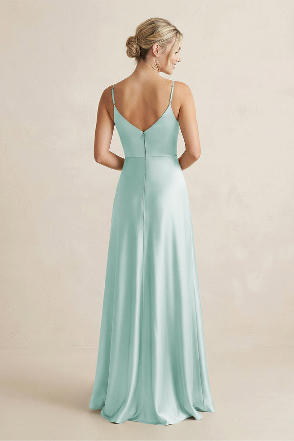Cami Strap A - Line Shiny Satin Bridesmaid Dress in Bleached Aqua - KISS BRIDAL Bridesmaid Dresses