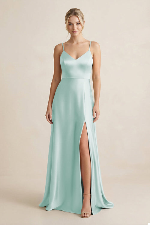 Cami Strap A - Line Shiny Satin Bridesmaid Dress in Bleached Aqua - KISS BRIDAL Bridesmaid Dresses