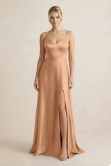 Cami Strap A - Line Shiny Satin Bridesmaid Dress in Bronzer - KISS BRIDAL Bridesmaid Dresses