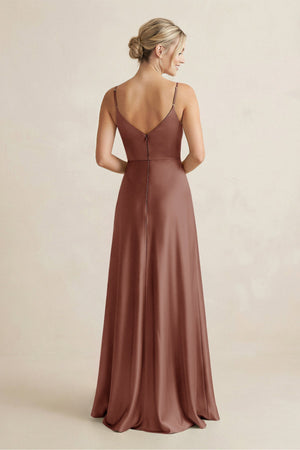 Cami Strap A - Line Shiny Satin Bridesmaid Dress in Brown - KISS BRIDAL Bridesmaid Dresses