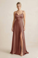 Cami Strap A - Line Shiny Satin Bridesmaid Dress in Brown - KISS BRIDAL Bridesmaid Dresses