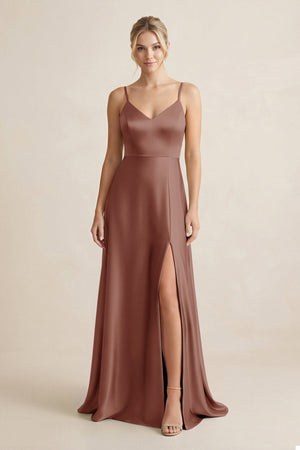 Cami Strap A - Line Shiny Satin Bridesmaid Dress in Brown - KISS BRIDAL Bridesmaid Dresses