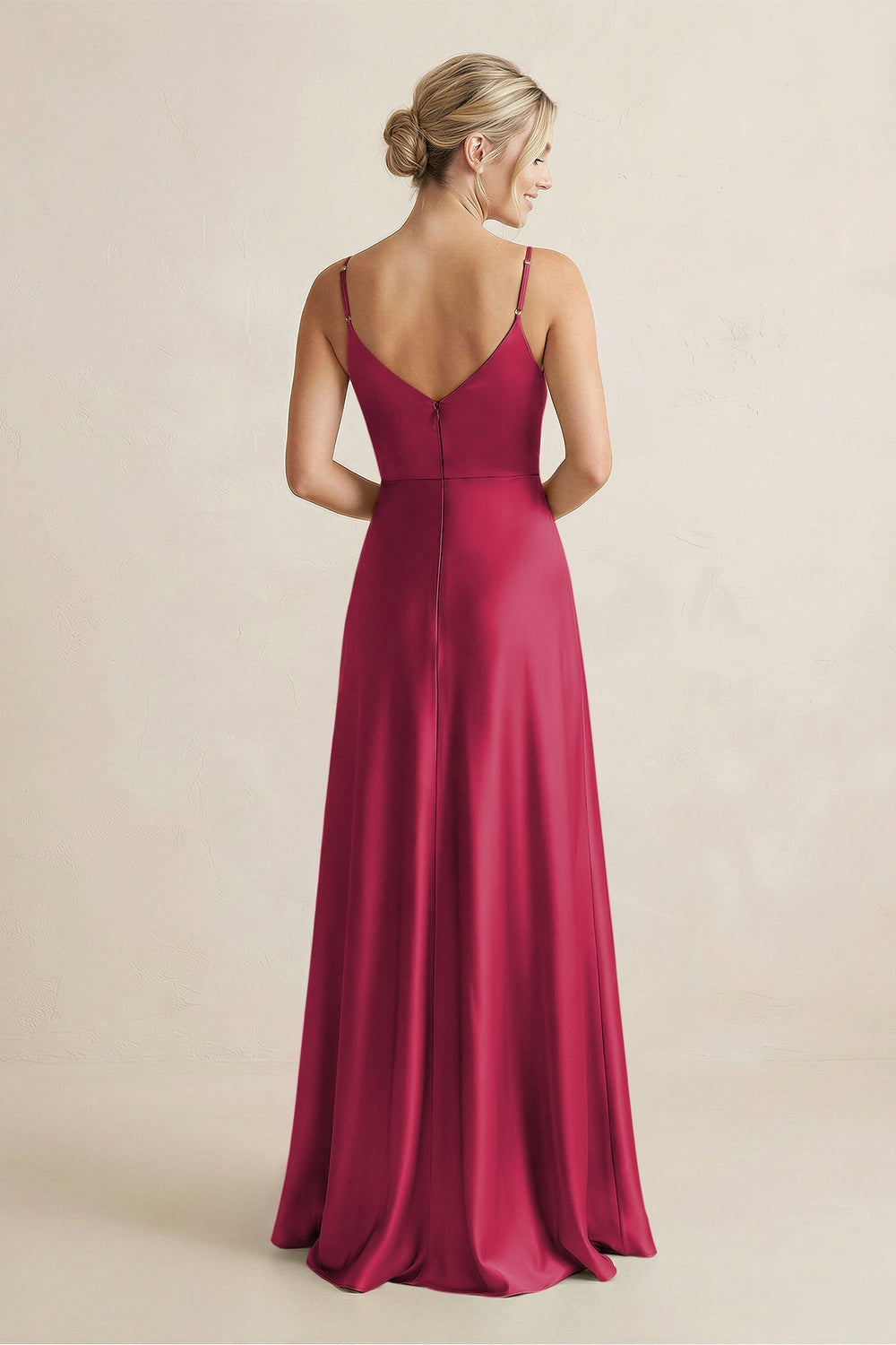 Cami Strap A - Line Shiny Satin Bridesmaid Dress in Burgundy - KISS BRIDAL Bridesmaid Dresses