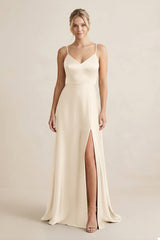 Cami Strap A - Line Shiny Satin Bridesmaid Dress in Buttercream - KISS BRIDAL Bridesmaid Dresses