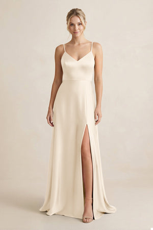 Cami Strap A - Line Shiny Satin Bridesmaid Dress in Buttercream - KISS BRIDAL Bridesmaid Dresses