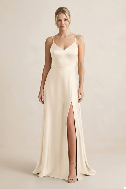 Cami Strap A - Line Shiny Satin Bridesmaid Dress in Buttercream - KISS BRIDAL Bridesmaid Dresses