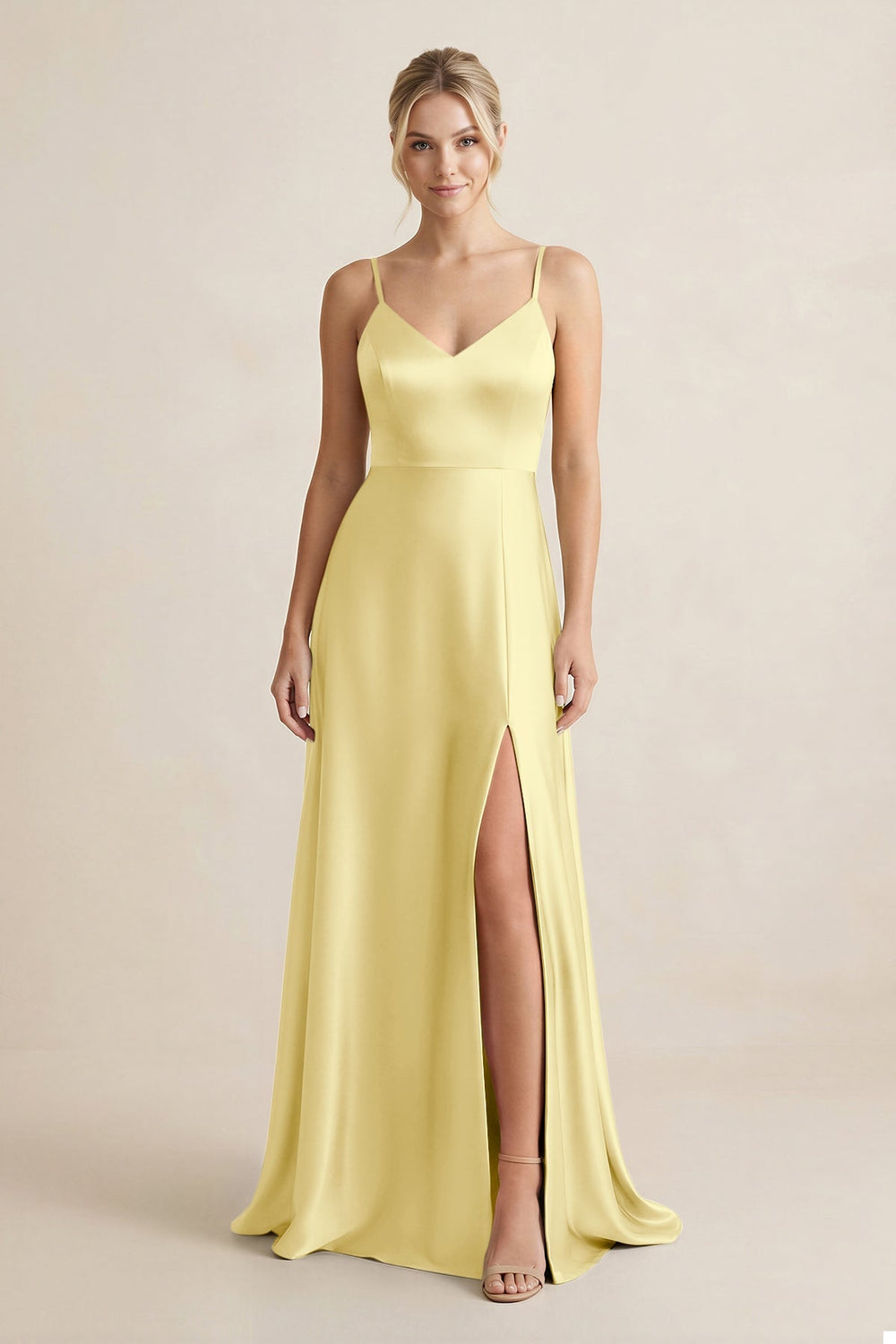 Cami Strap A - Line Shiny Satin Bridesmaid Dress in Buttercup - KISS BRIDAL Bridesmaid Dresses