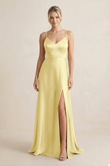Cami Strap A - Line Shiny Satin Bridesmaid Dress in Buttercup - KISS BRIDAL Bridesmaid Dresses