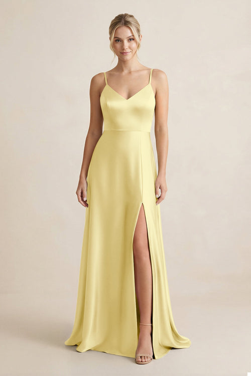 Cami Strap A - Line Shiny Satin Bridesmaid Dress in Buttercup - KISS BRIDAL Bridesmaid Dresses