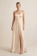 Cami Strap A - Line Shiny Satin Bridesmaid Dress in Champagne - KISS BRIDAL Bridesmaid Dresses