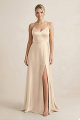 Cami Strap A - Line Shiny Satin Bridesmaid Dress in Champagne - KISS BRIDAL Bridesmaid Dresses