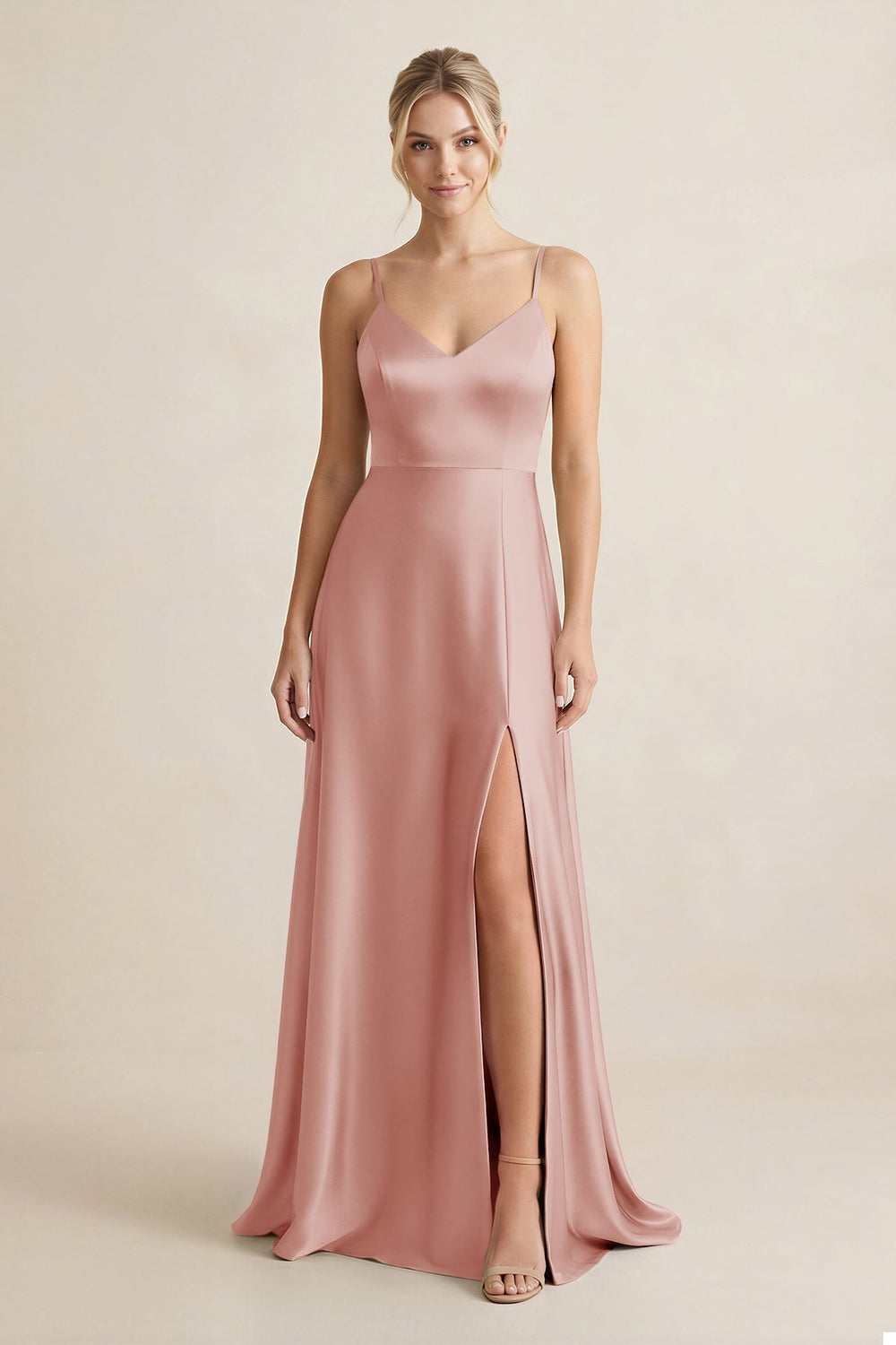 Cami Strap A - Line Shiny Satin Bridesmaid Dress in Champagne Rose - KISS BRIDAL Bridesmaid Dresses