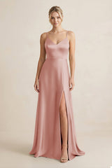 Cami Strap A - Line Shiny Satin Bridesmaid Dress in Champagne Rose - KISS BRIDAL Bridesmaid Dresses