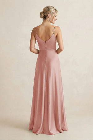 Cami Strap A - Line Shiny Satin Bridesmaid Dress in Champagne Rose - KISS BRIDAL Bridesmaid Dresses