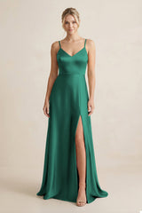 Cami Strap A - Line Shiny Satin Bridesmaid Dress in Dark Green - KISS BRIDAL Bridesmaid Dresses