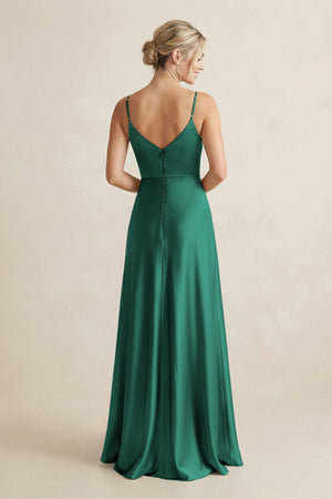 Cami Strap A - Line Shiny Satin Bridesmaid Dress in Dark Green - KISS BRIDAL Bridesmaid Dresses