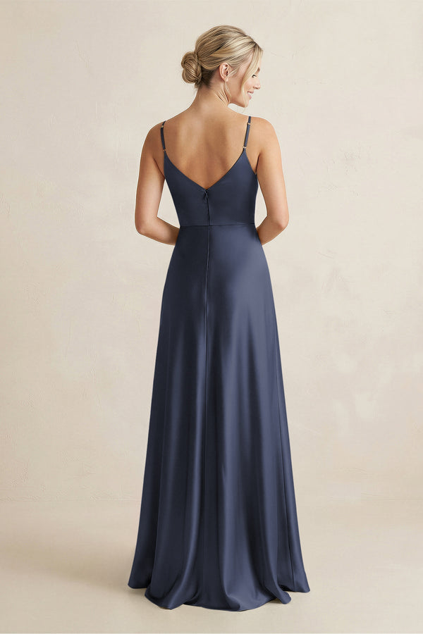 Cami Strap A - Line Shiny Satin Bridesmaid Dress in Dark Navy - KISS BRIDAL Bridesmaid Dresses