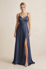 Cami Strap A - Line Shiny Satin Bridesmaid Dress in Dark Navy - KISS BRIDAL Bridesmaid Dresses