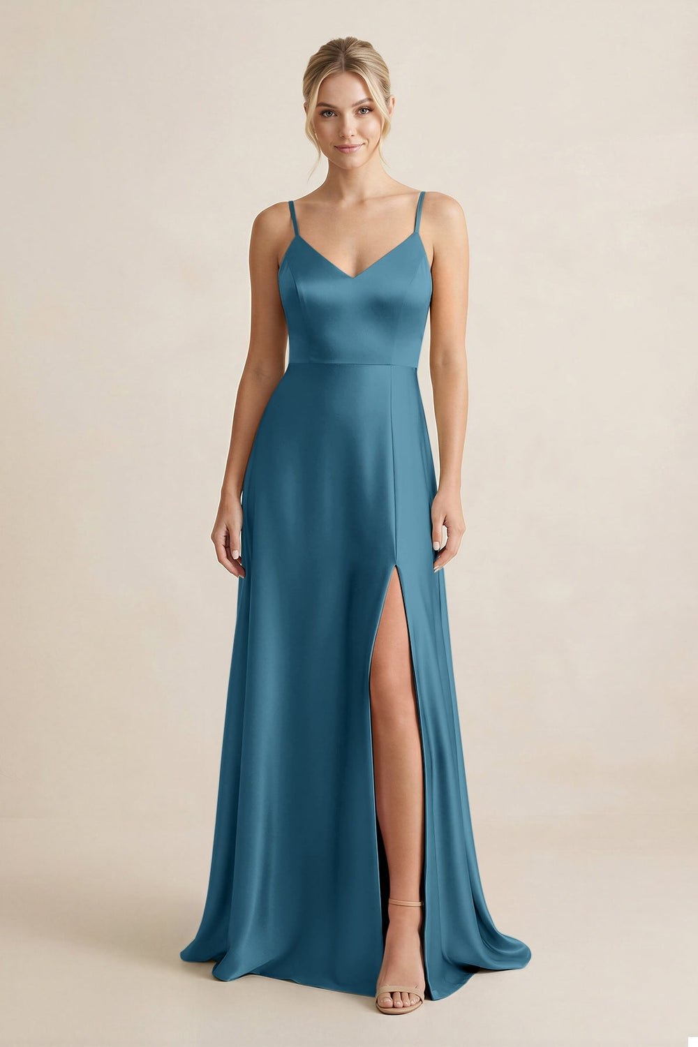 Cami Strap A - Line Shiny Satin Bridesmaid Dress in Dark Teal - KISS BRIDAL Bridesmaid Dresses