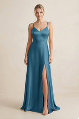 Cami Strap A - Line Shiny Satin Bridesmaid Dress in Dark Teal - KISS BRIDAL Bridesmaid Dresses