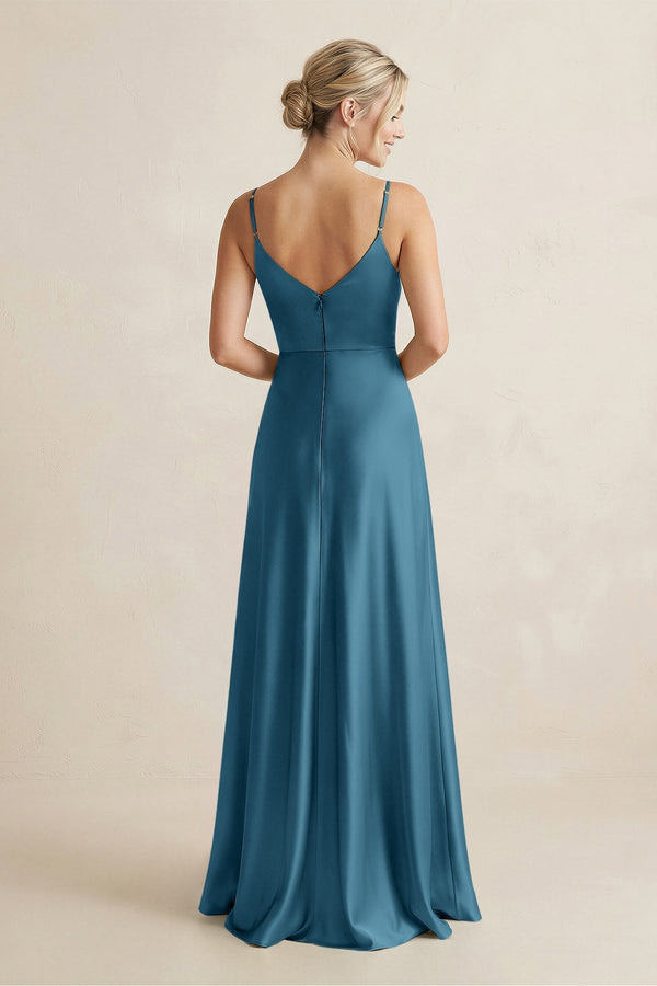 Cami Strap A - Line Shiny Satin Bridesmaid Dress in Dark Teal - KISS BRIDAL Bridesmaid Dresses