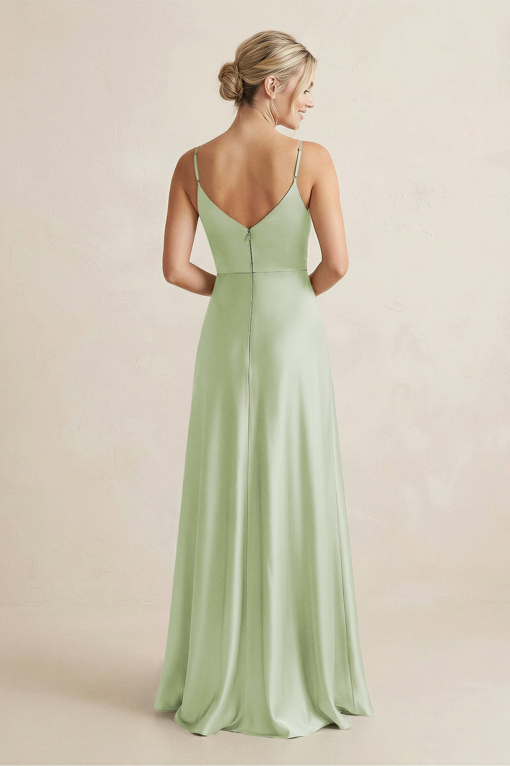 Cami Strap A - Line Shiny Satin Bridesmaid Dress in Dusty Sage - KISS BRIDAL Bridesmaid Dresses