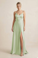 Cami Strap A - Line Shiny Satin Bridesmaid Dress in Dusty Sage - KISS BRIDAL Bridesmaid Dresses
