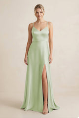 Cami Strap A - Line Shiny Satin Bridesmaid Dress in Dusty Sage - KISS BRIDAL Bridesmaid Dresses