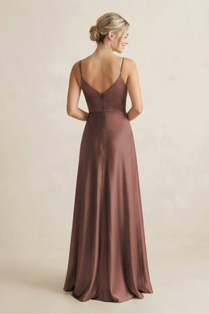 Cami Strap A - Line Shiny Satin Bridesmaid Dress in Espresso - KISS BRIDAL Bridesmaid Dresses