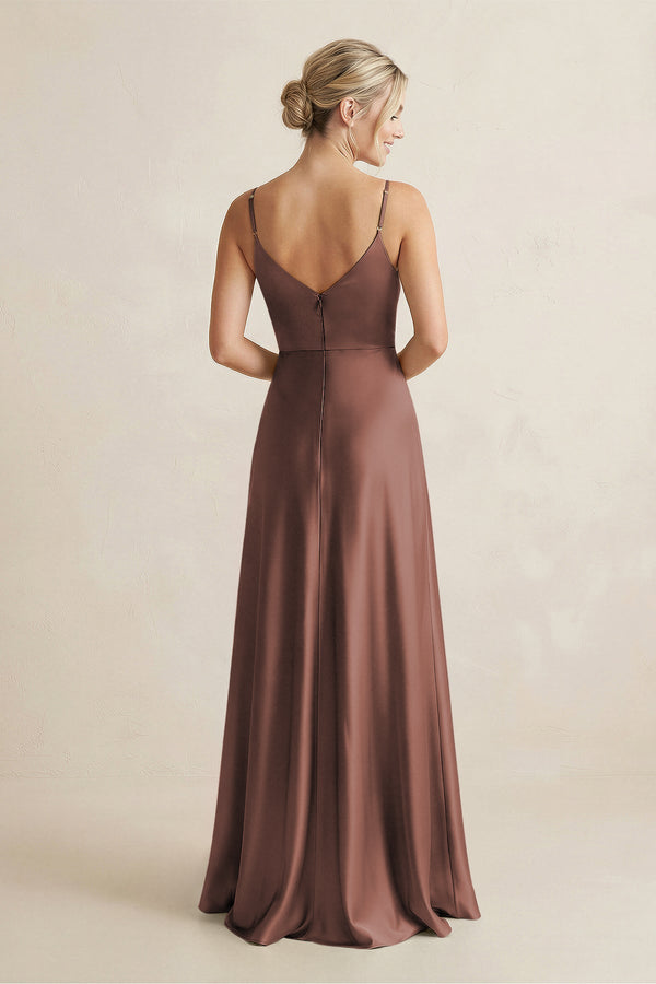 Cami Strap A - Line Shiny Satin Bridesmaid Dress in Espresso - KISS BRIDAL Bridesmaid Dresses
