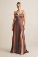 Cami Strap A - Line Shiny Satin Bridesmaid Dress in Espresso - KISS BRIDAL Bridesmaid Dresses