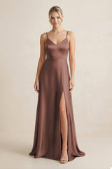 Cami Strap A - Line Shiny Satin Bridesmaid Dress in Espresso - KISS BRIDAL Bridesmaid Dresses