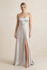 Cami Strap A - Line Shiny Satin Bridesmaid Dress in Frost - KISS BRIDAL Bridesmaid Dresses