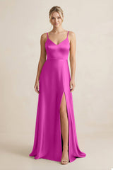Cami Strap A - Line Shiny Satin Bridesmaid Dress in Fuchsia - KISS BRIDAL Bridesmaid Dresses