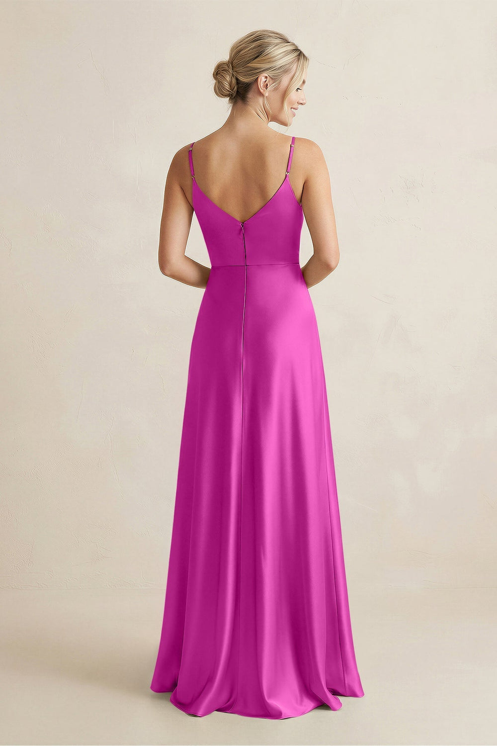 Cami Strap A - Line Shiny Satin Bridesmaid Dress in Fuchsia - KISS BRIDAL Bridesmaid Dresses