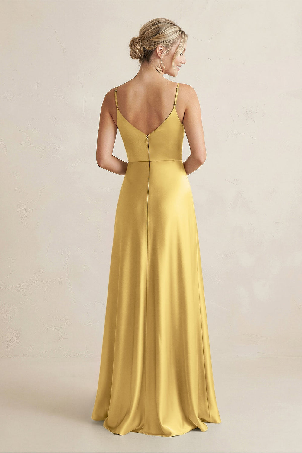 Cami Strap A - Line Shiny Satin Bridesmaid Dress in Gold - KISS BRIDAL Bridesmaid Dresses