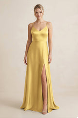 Cami Strap A - Line Shiny Satin Bridesmaid Dress in Gold - KISS BRIDAL Bridesmaid Dresses