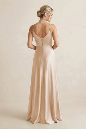 Cami Strap A - Line Shiny Satin Bridesmaid Dress in Golden Champagne - KISS BRIDAL Bridesmaid Dresses
