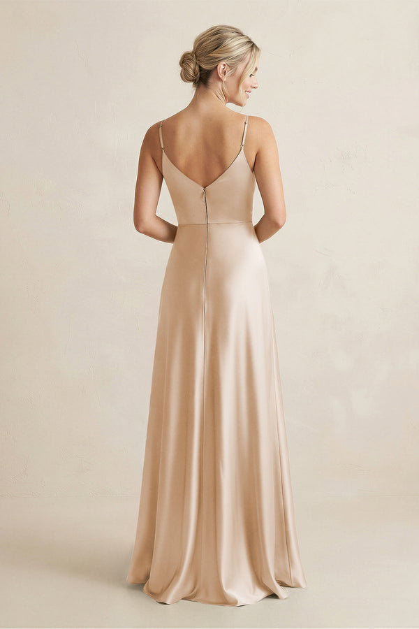 Cami Strap A - Line Shiny Satin Bridesmaid Dress in Golden Champagne - KISS BRIDAL Bridesmaid Dresses