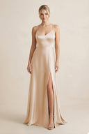 Cami Strap A - Line Shiny Satin Bridesmaid Dress in Golden Champagne - KISS BRIDAL Bridesmaid Dresses