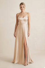 Cami Strap A - Line Shiny Satin Bridesmaid Dress in Golden Champagne - KISS BRIDAL Bridesmaid Dresses