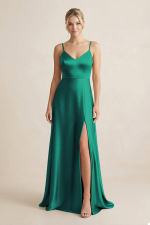 Cami Strap A - Line Shiny Satin Bridesmaid Dress in Green - KISS BRIDAL Bridesmaid Dresses