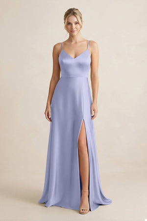 Cami Strap A - Line Shiny Satin Bridesmaid Dress in Lavender - KISS BRIDAL Bridesmaid Dresses