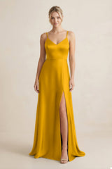 Cami Strap A - Line Shiny Satin Bridesmaid Dress in Marigold - KISS BRIDAL Bridesmaid Dresses