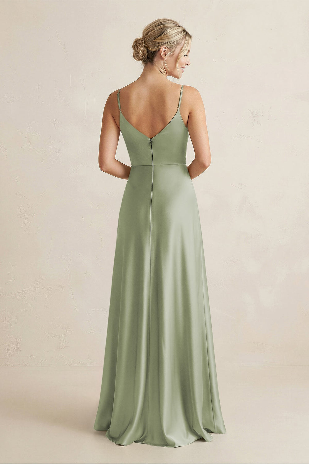 Cami Strap A - Line Shiny Satin Bridesmaid Dress in Matcha - KISS BRIDAL Bridesmaid Dresses