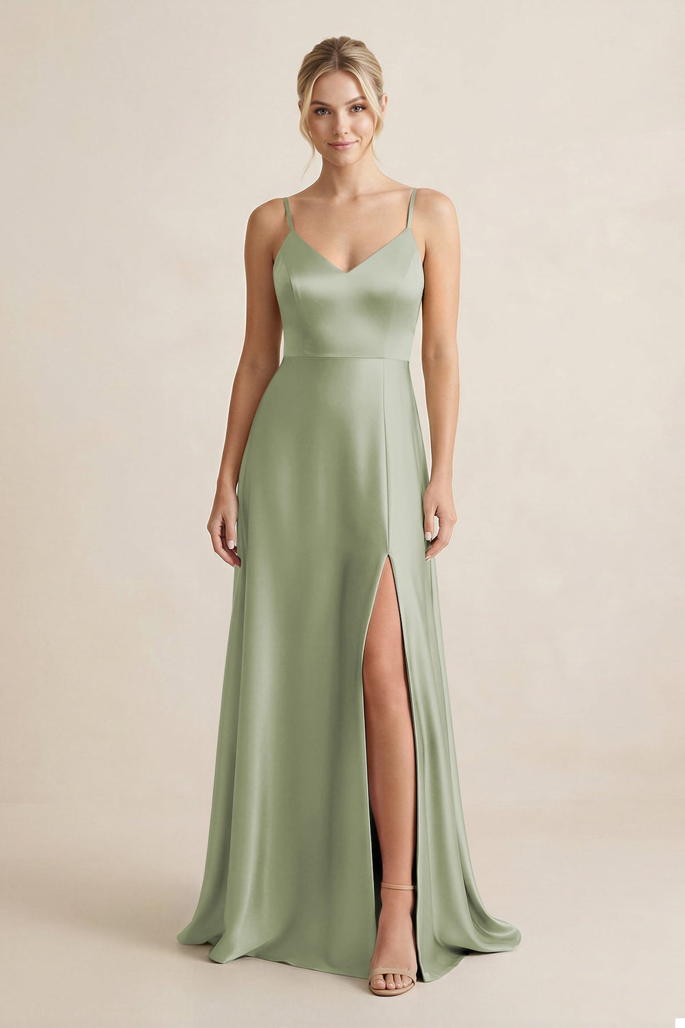 Cami Strap A - Line Shiny Satin Bridesmaid Dress in Matcha - KISS BRIDAL Bridesmaid Dresses