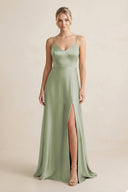 Cami Strap A - Line Shiny Satin Bridesmaid Dress in Matcha - KISS BRIDAL Bridesmaid Dresses