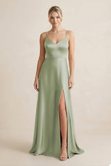 Cami Strap A - Line Shiny Satin Bridesmaid Dress in Matcha - KISS BRIDAL Bridesmaid Dresses