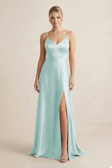 Cami Strap A - Line Shiny Satin Bridesmaid Dress in Mist - KISS BRIDAL Bridesmaid Dresses