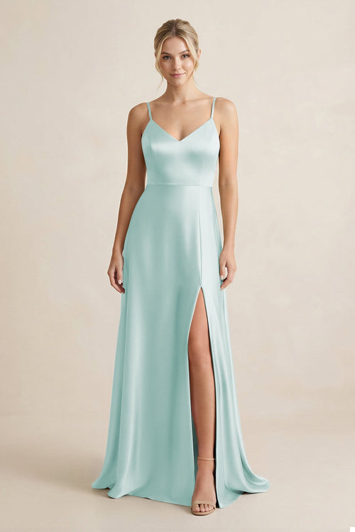 Cami Strap A - Line Shiny Satin Bridesmaid Dress in Mist - KISS BRIDAL Bridesmaid Dresses